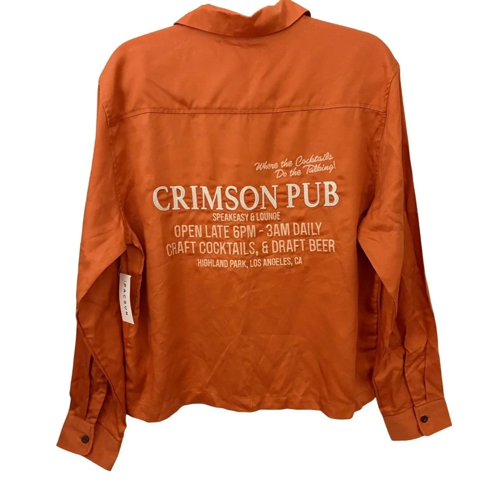 Pacsun Crimson Pub Graphic Button Up Shirt Orange Long Sleeve Men's Size S